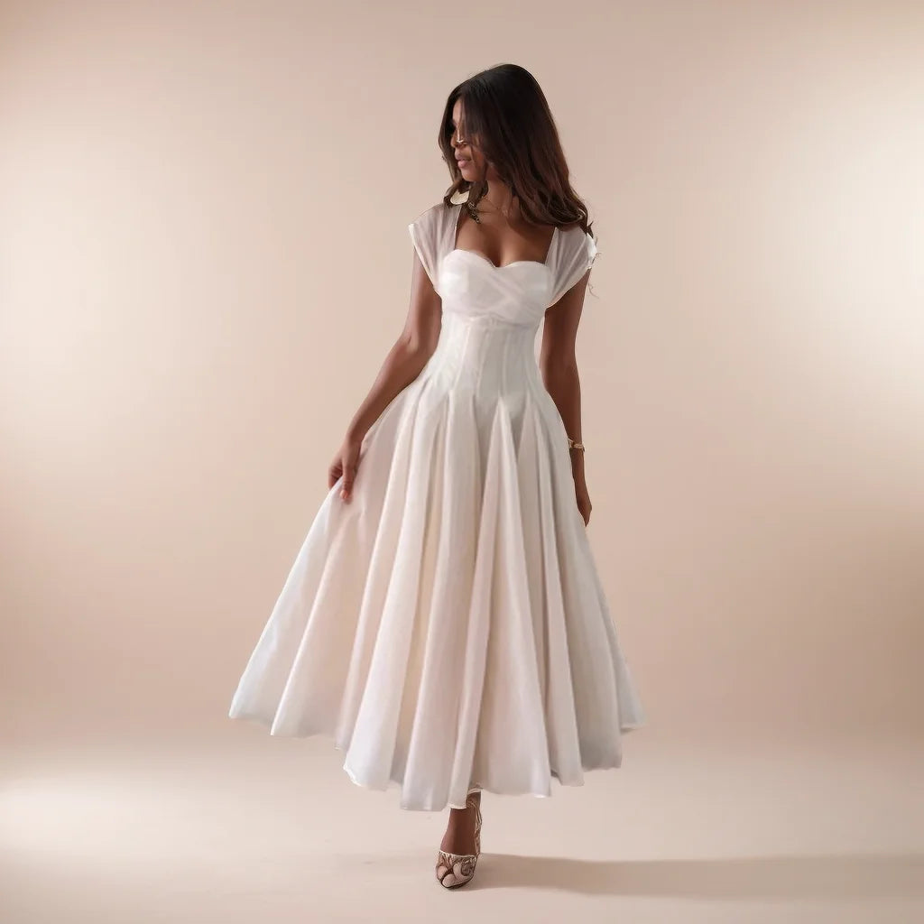 Elegant French Ruched High Waist Sleeveless Long Formal Evening Dress