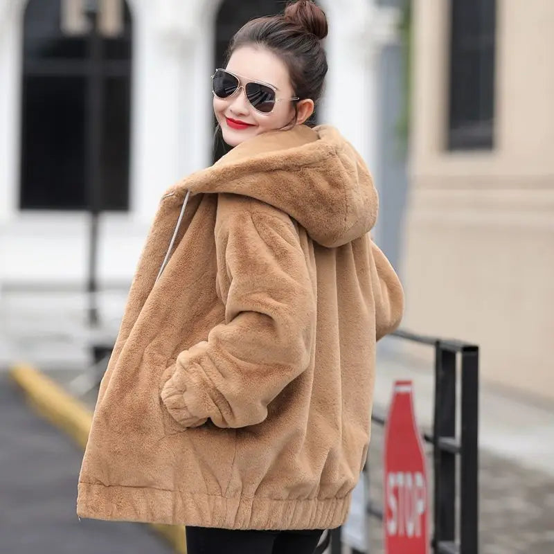 Plush hooded jacket for women mid-length winter new loose plush warm long sleeves plush Short jacket fashion casual coat