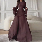 Robes for Woman Elegant O Neck Solid Ruffles Party Pleated Dress Spring Autumn Flare Sleeve Tie-up Slim Female Clothing Vestidos