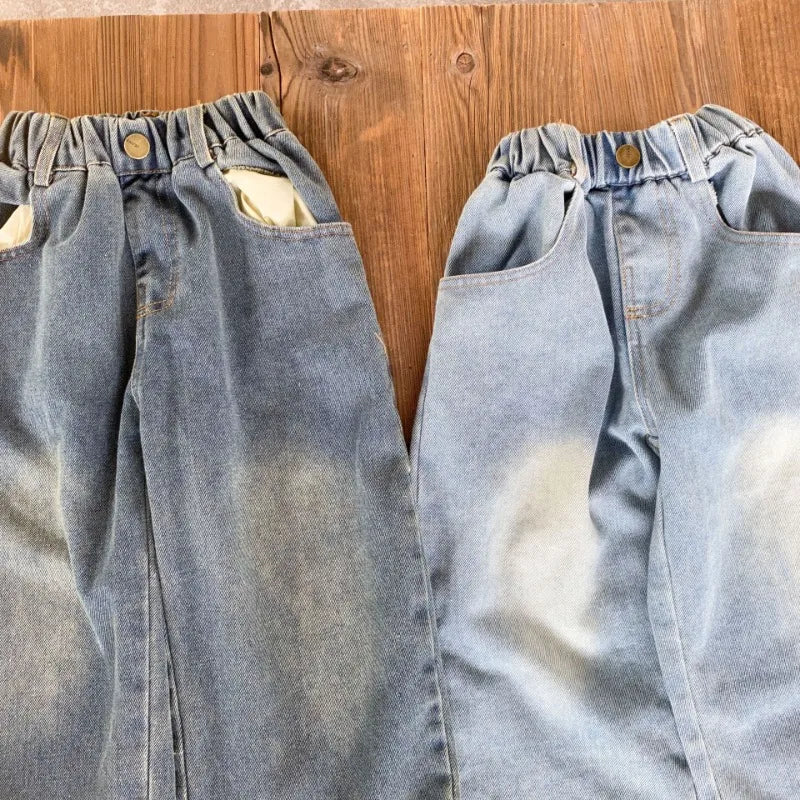 Children Wide Leg Jeans Spring Autumn Boy and Girl Elastic Waist Straight Leg Denim Pants Kids Casual Versatile Trousers A40056