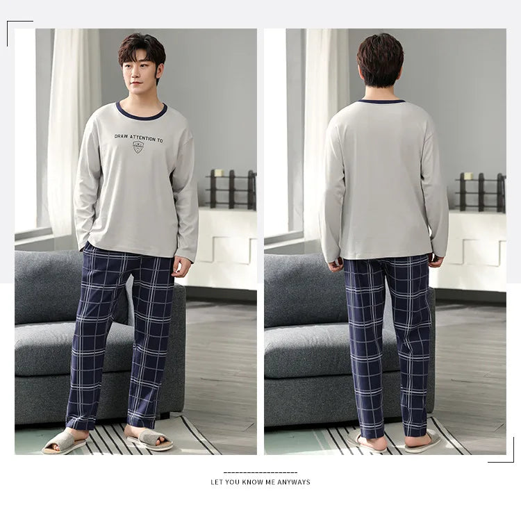 Fashion Lounge Pajamas Sets Men's Spring New Long-sleeved Tops with Trousers Cotton Homewear Comfort Simple Sleepwear Two Pieces