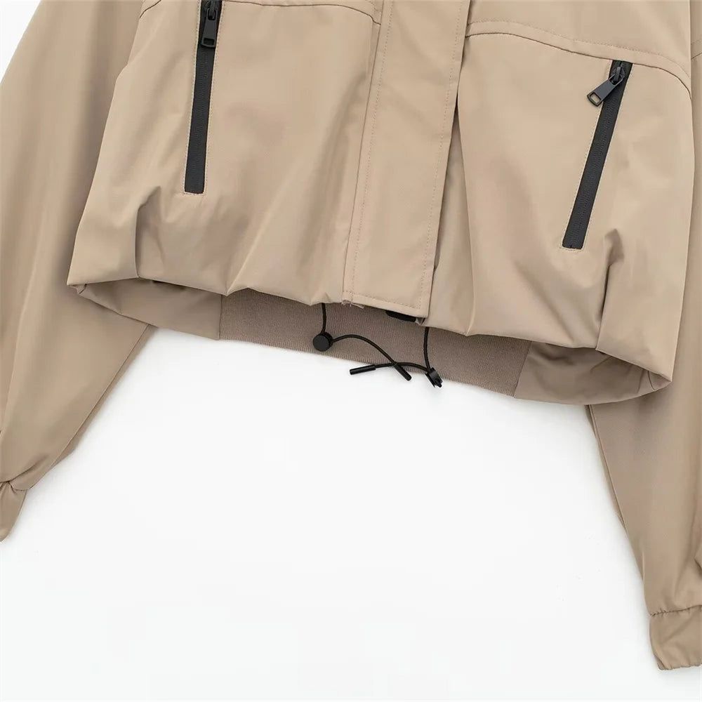Autumn New Product Women's Stand up Collar Hoodie Long Sleeve Zipper Decoration workwear Style Short Jacket Coat