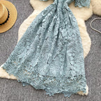 Ele Hollow out Lace ort Sve Dr Women's Summer Slimming A-Line Gown High Waist Korean Sle Commute Suitable
