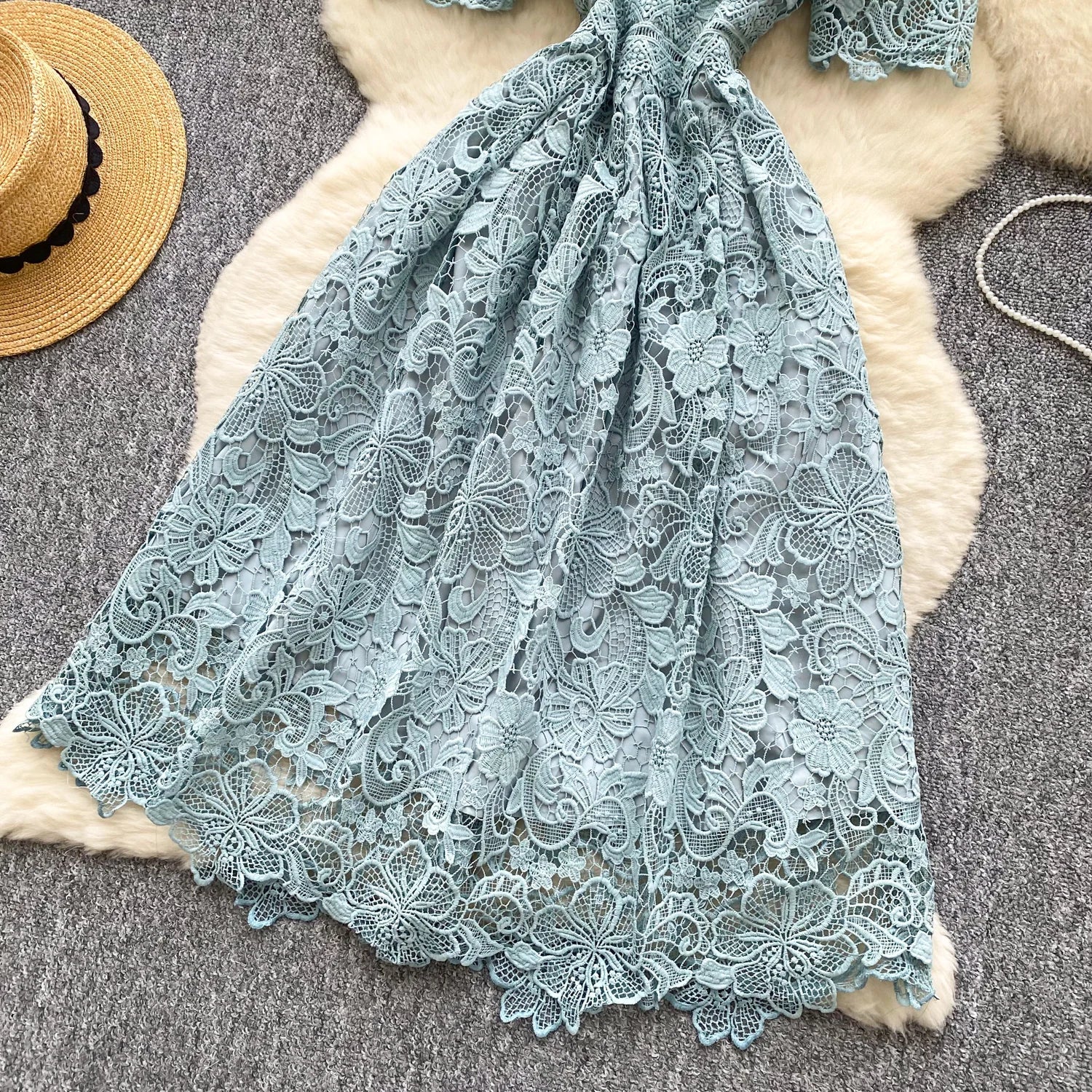 Ele Hollow out Lace ort Sve Dr Women's Summer Slimming A-Line Gown High Waist Korean Sle Commute Suitable