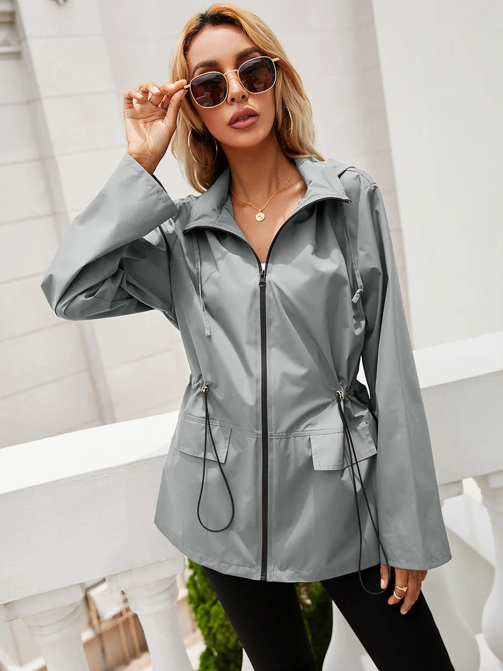 Hooded Zipper Waist Waterproof Raincoat Outdoor Sports Mountaineering Coat Women