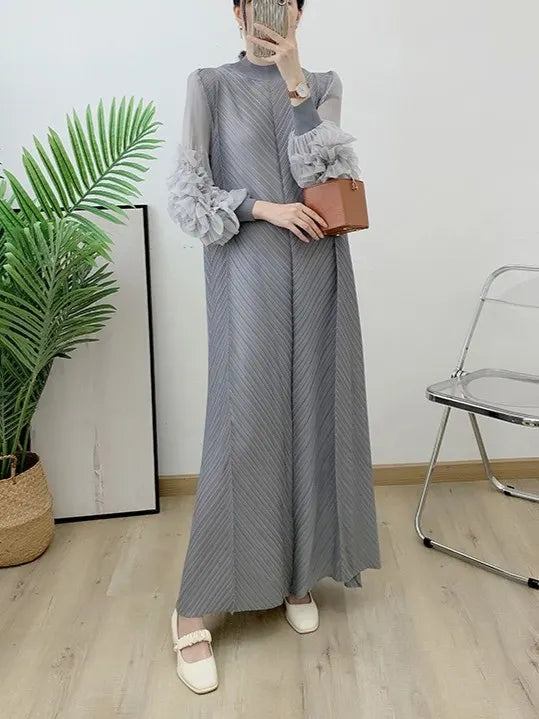 YUDX Hot Sales 2024 Summer New Pleated Formal Dresses for Women Mesh Petal Sleeve Solid Evening Party Long Maxi Dresses