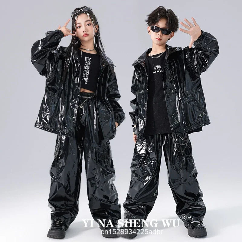 Boys K-pop Fashion Leather Jacket Street Dance Cargo Pants Girl Hip Hop Streetwear Kids Children Jazz Shiny Costume Clothes Sets