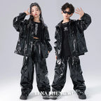 Boys K-pop Fashion Leather Jacket Street Dance Cargo Pants Girl Hip Hop Streetwear Kids Children Jazz Shiny Costume Clothes Sets