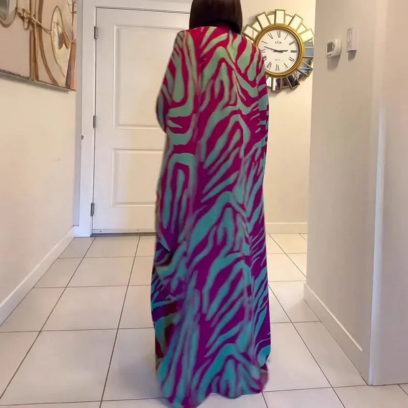 Leisure Loose Women Pleated Evening Dress Autumn Chic Bat Sleeve Loose Party Robes Elegant V-neck Color Blocked Commute Dress