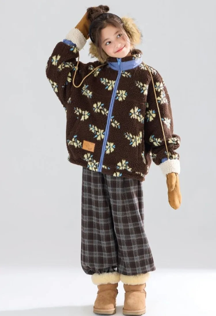 Girl's Winter Coat Floral Jacquard Lamb Fur Thickened Stylish Autumn Winter Toddler Kids Cotton Jacket