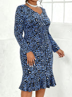 Plus Size Blue Leopard Print Bodycon Midi Dress V Neck Long Sleeve Lace up Ruffle Hem Women's Party Evening Wear