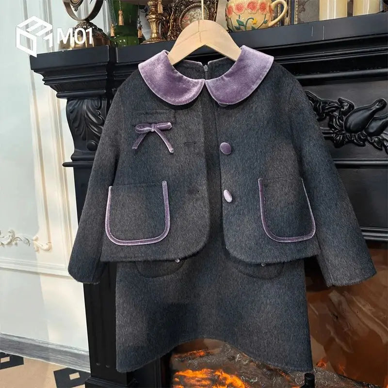 Children Elegance Top Clothing Autumn Winter Girls Clothes Set Fashion Retro Woolen Coat Jacket+Short Skirt 2Pcs Suits Kids suit