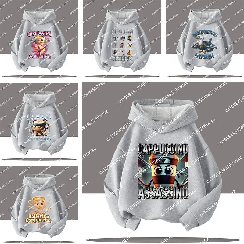 Boy's sports shirt -interesting Italian brain rot Tung Tungtung Sahur children's hooded shirt                h cartoon print-fall/winter top