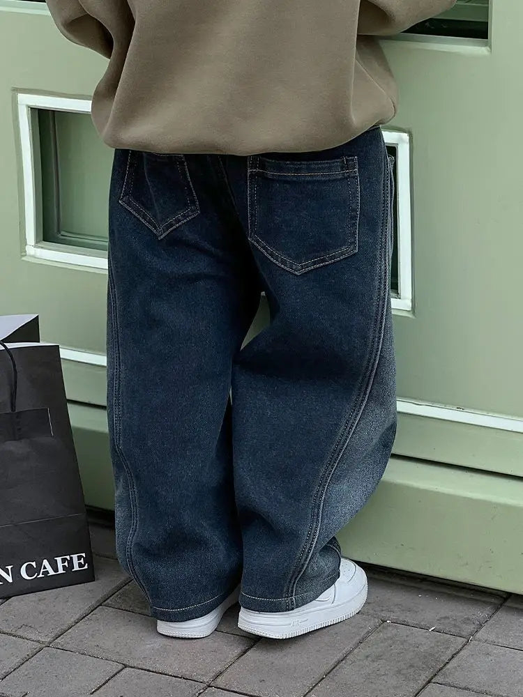 2-12Y Childrens Boys Denim Pants One-piece Fleece Thickened Autumn Winter Casual Kids Baby Boys Pants Toddler Boys Warm Jeans