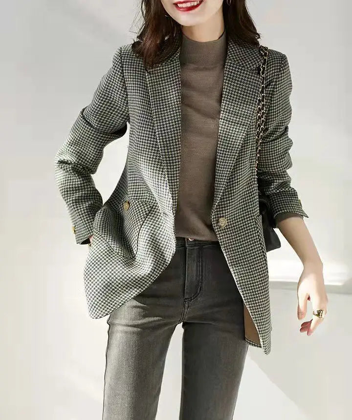 Green Jacket Coats for Women Skinny Plaid Outerwears Korean Fall Clothes  Simple Cheap Stylish in Promotion Check Blazer Woman