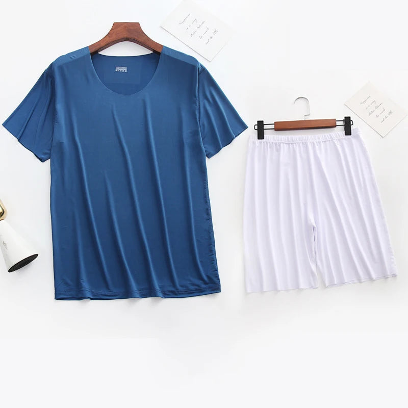 Men Ice Silk Pajamas Solid Shirt & Pants 2Pcs Pijamas Sleep Set Casual Male Home Clothes Summer Pyjamas Sleepwear Nightwear Suit