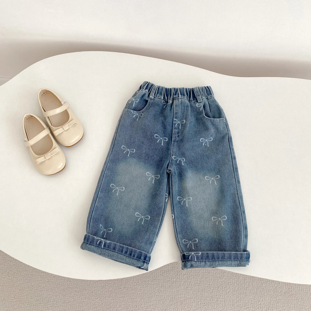 New autumn clothing for babies aged 0-3, with bow printed denim pants for baby girls, fashionable