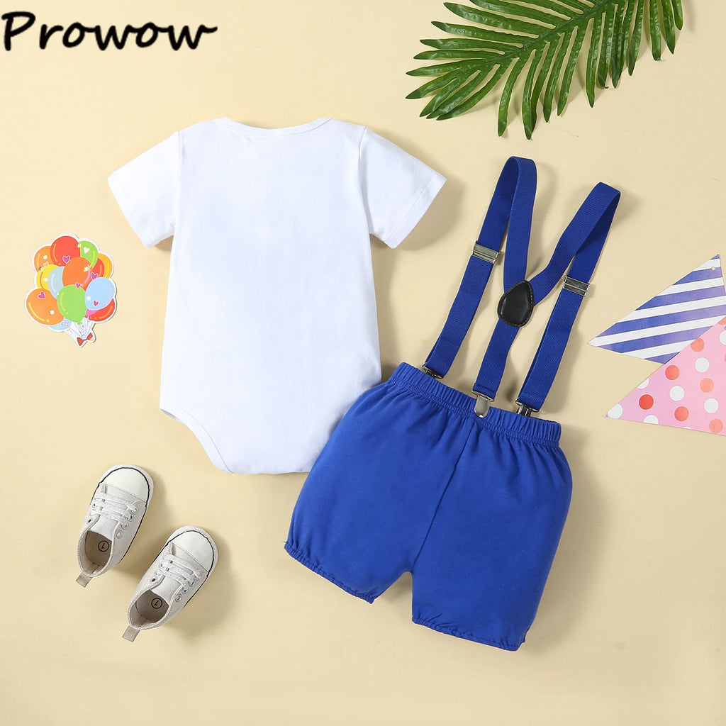 Baby Boys Birthday Outfits Sets Balloon Letter"1" Bodysuit and Y-back Suspender Shorts 1 Year Birthday Baby Cake Smash Clothes