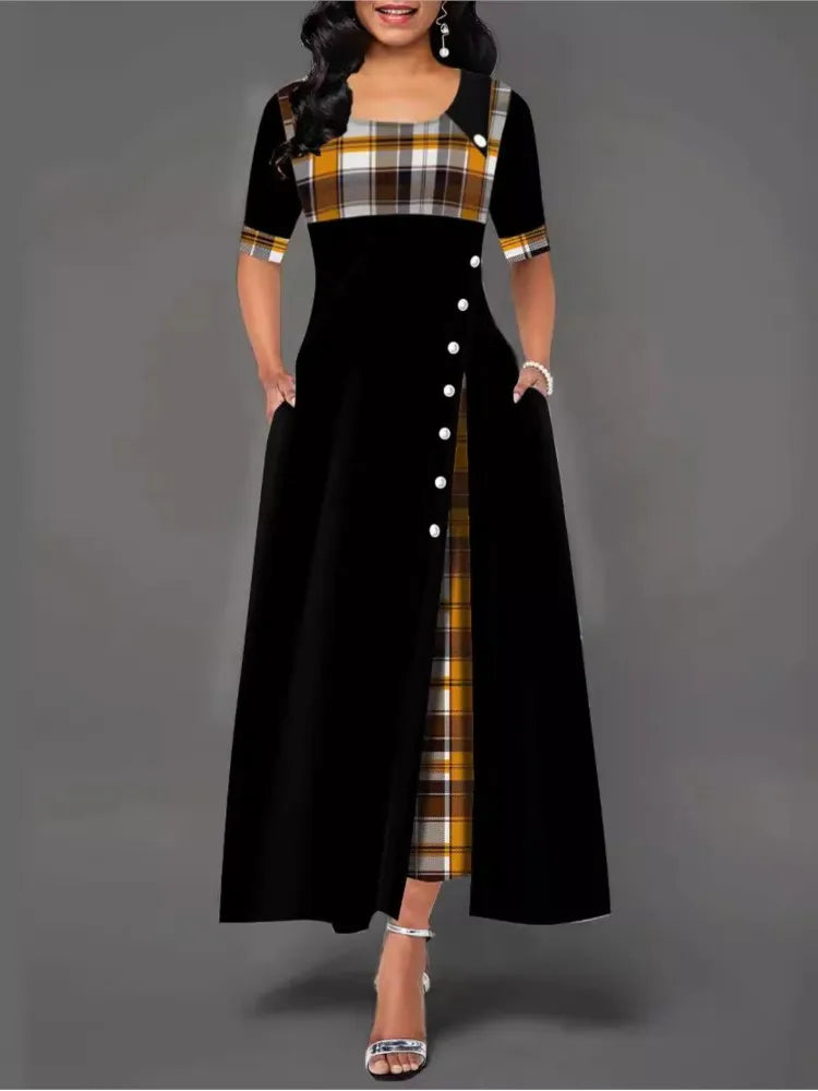 Women's Irregular Lattice Patchwork Long Dresses Vintage Buttons O Neck Half Sleeves Casual Lady Commuting Dress Fashion
