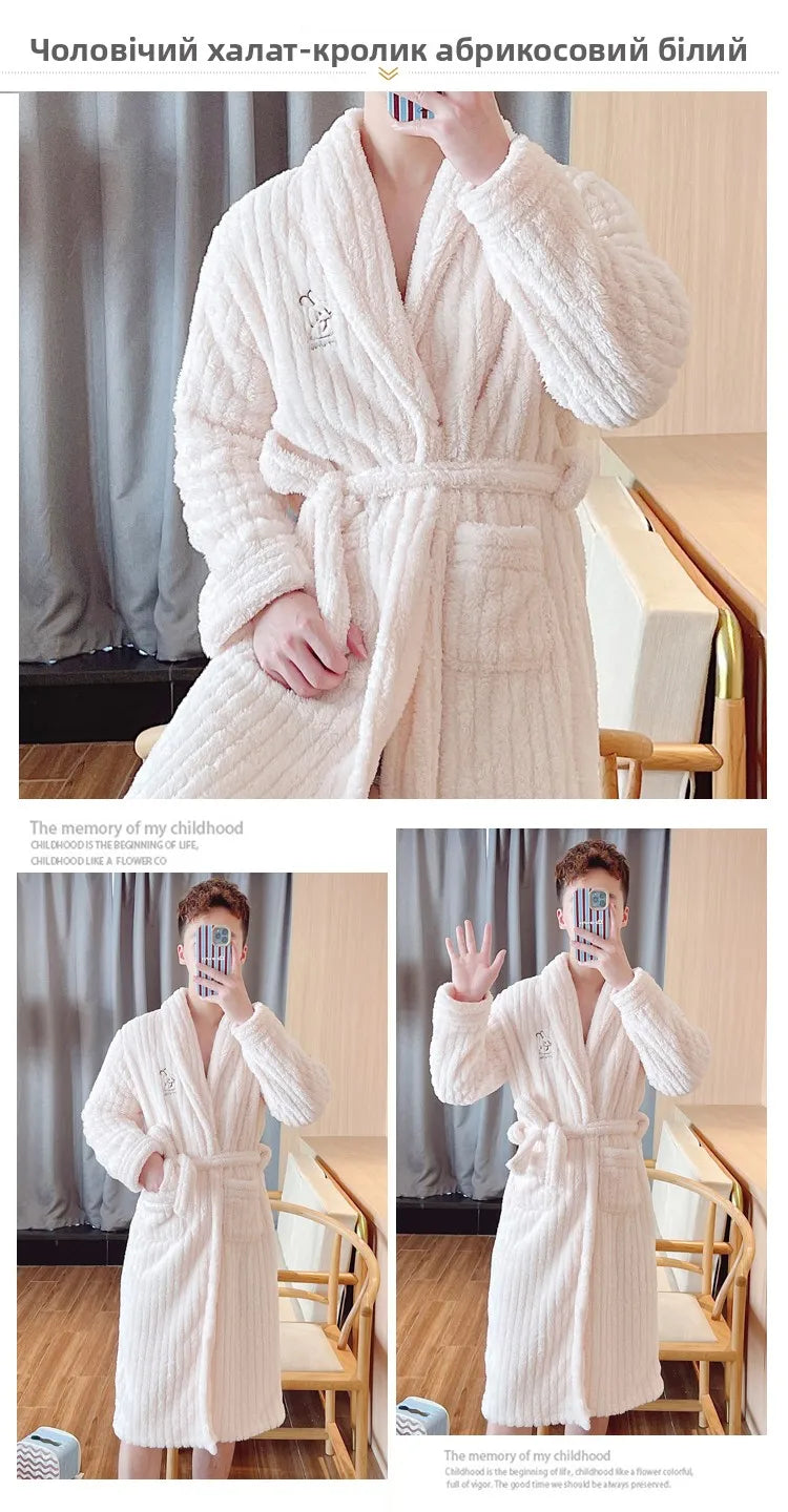 Men's Robes Long Sve Coral Fce Robe Thi Warm Batobe Luxury Home Clothes Morning Gown Mid-Length Fiber Winter Wear Bathrobe Men
