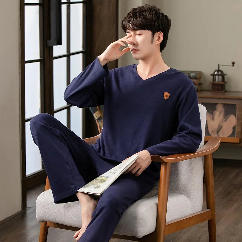 Fashion Lounge Pajamas Sets Men's Spring New Long-sleeved Tops with Trousers Cotton Homewear Comfort Simple Sleepwear Two Pieces
