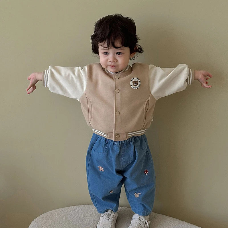 2025 Fall New Toddler Kids Pants Cotton Cartoon Embroidered Harem Pants Baby Boy Casual Striped Denim Baggy Trousers