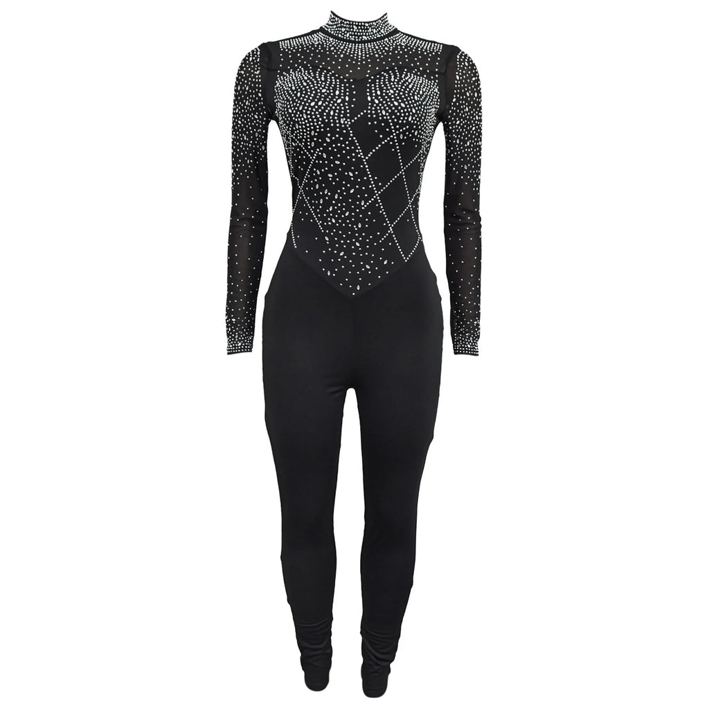 Women's Glittery Rhinestones Gymnastics Jumpsuit Sheer Mesh Patchwork Mock Neck Long Sleeve Dance Rompers One-piece Bodysuit