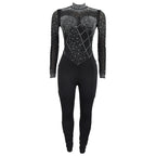 Women's Glittery Rhinestones Gymnastics Jumpsuit Sheer Mesh Patchwork Mock Neck Long Sleeve Dance Rompers One-piece Bodysuit