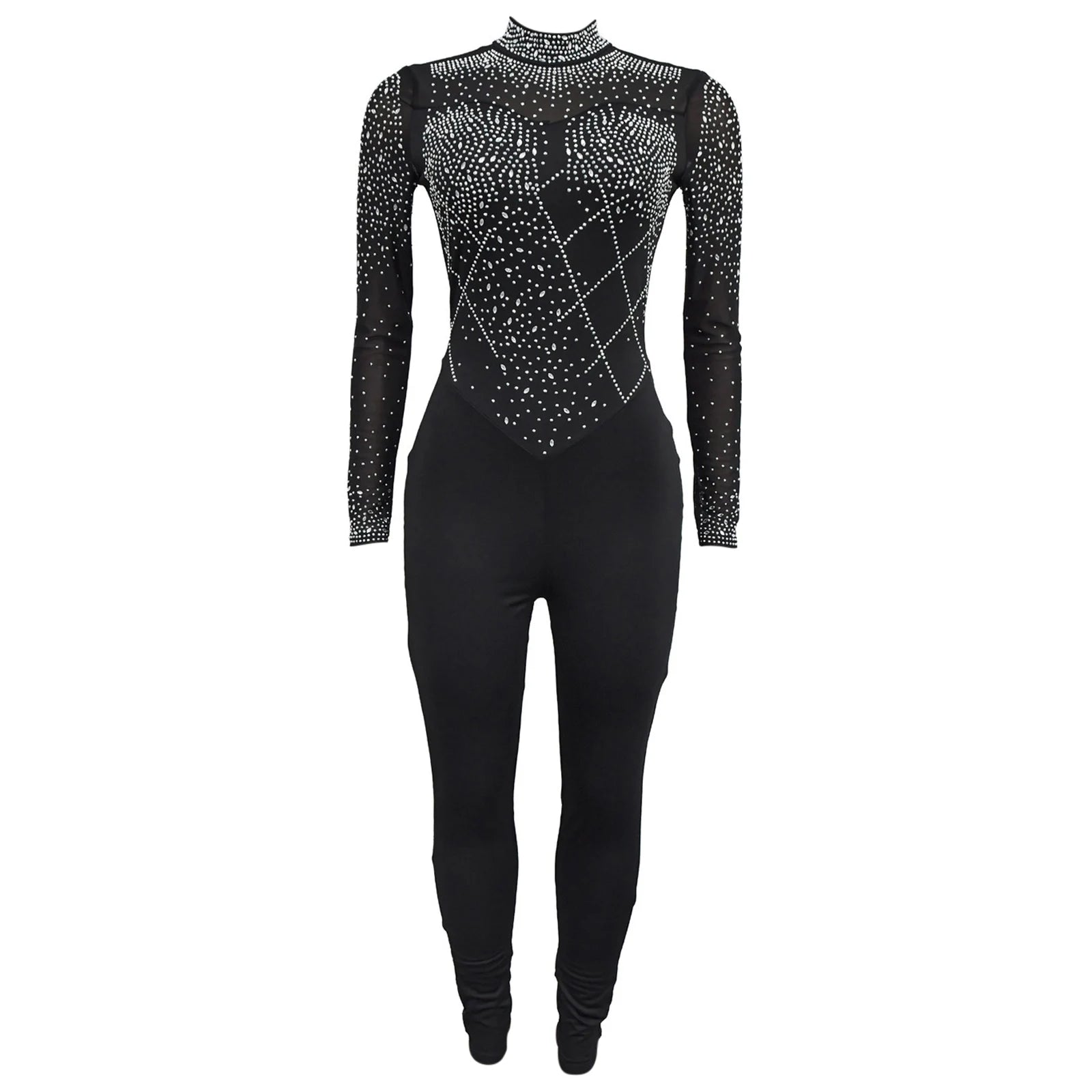 Women's Glittery Rhinestones Gymnastics Jumpsuit Sheer Mesh Patchwork Mock Neck Long Sleeve Dance Rompers One-piece Bodysuit