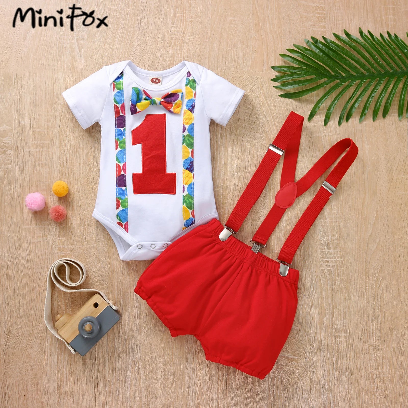 Baby Boys Birthday Outfits Sets Balloon Letter"1" Bodysuit and Y-back Suspender Shorts 1 Year Birthday Baby Cake Smash Clothes