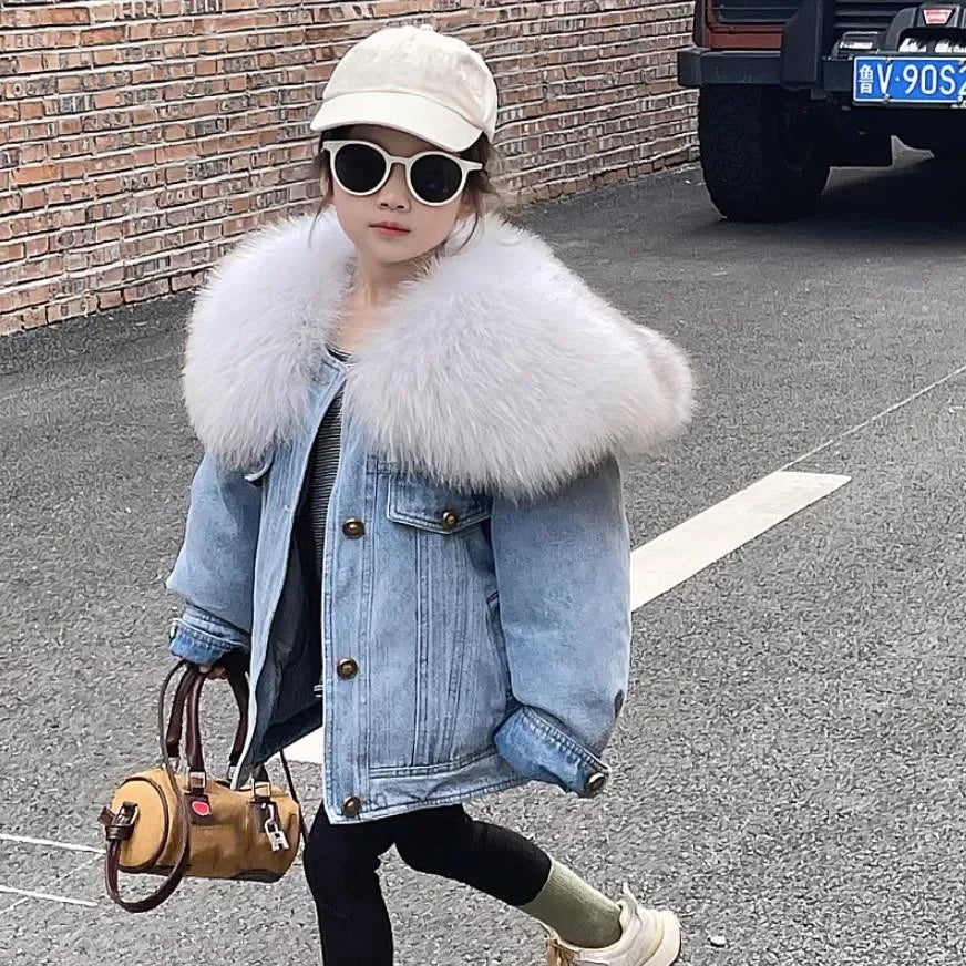 Winter New Children's Denim Parkas Nature Big For Fur Collar Design Thicker Warm Fur Coat Girls Down Jacket A3073