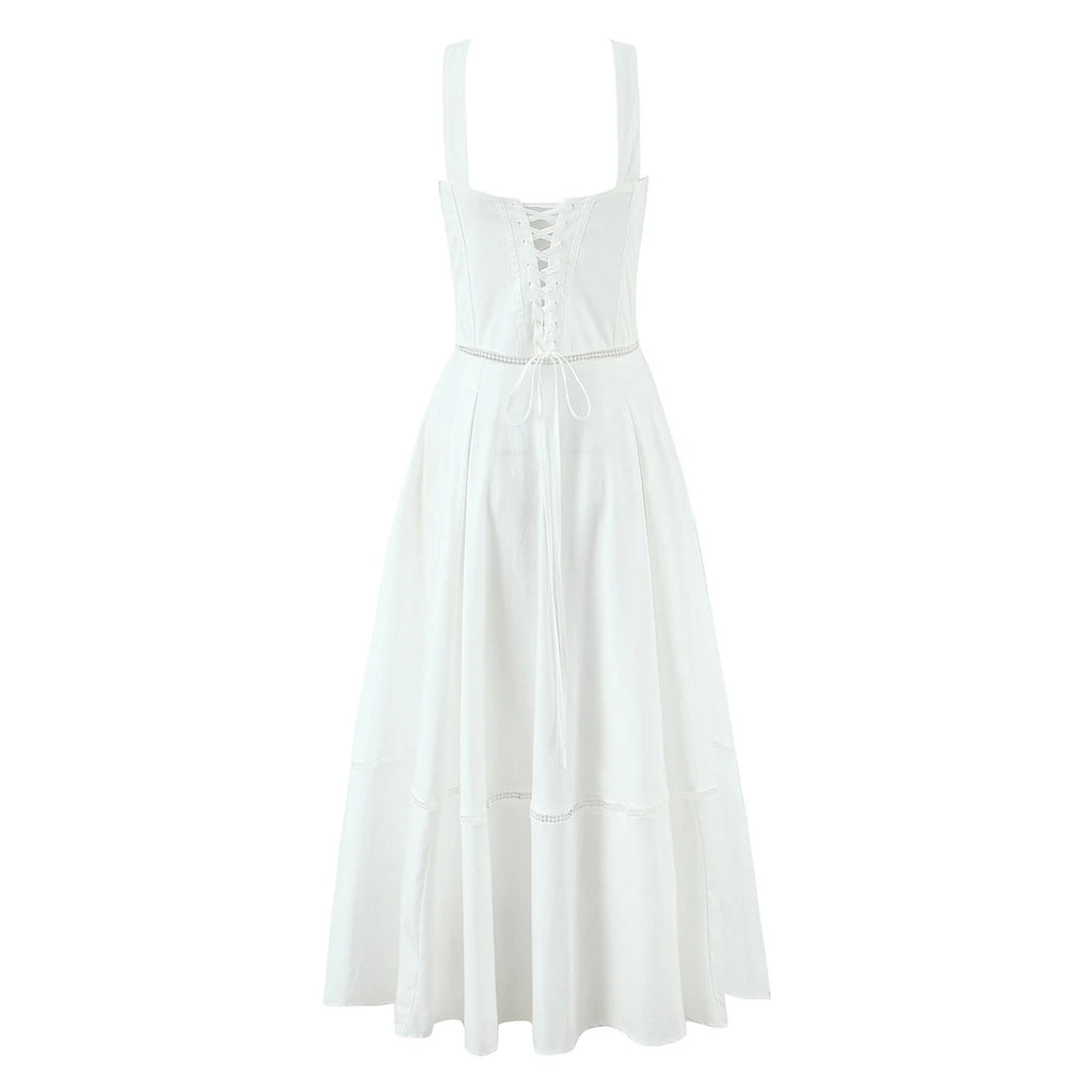 2025 summer new product women's clothing fashionable, fresh, sweet and elegant waist-hugging lace-up design suspender dress