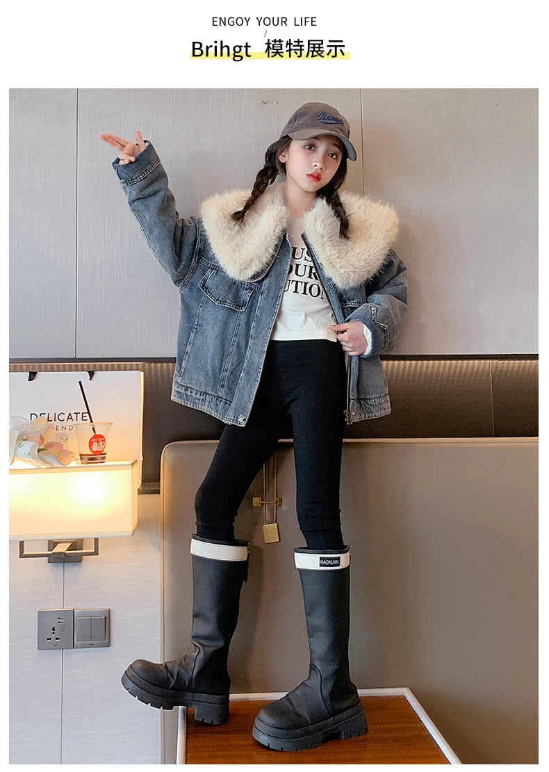 junior girl winter jackets vetement enfant fille Thickened inner rabbit fur denim jacket teenr outerwear kids warm coat overwear