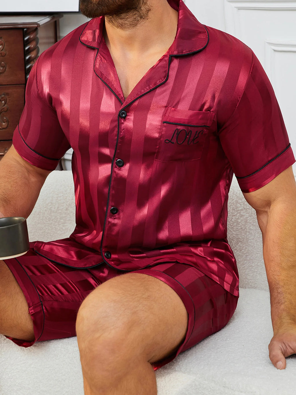 Men's Pajamas Set Summer Sleepwear Sleeve Button-Up Top & Shorts
