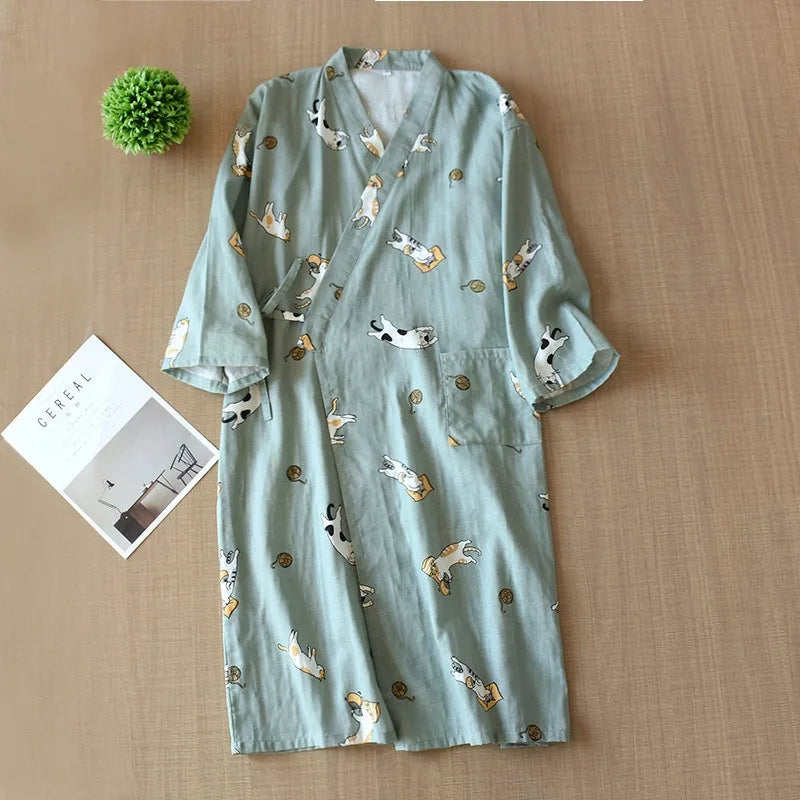 Bathrobe Men Shower Spring and Summer Cotton Nightgown Couple Men Kimono Yukata Pajamas Cardigan Striped Robe Sleepwear Homewear