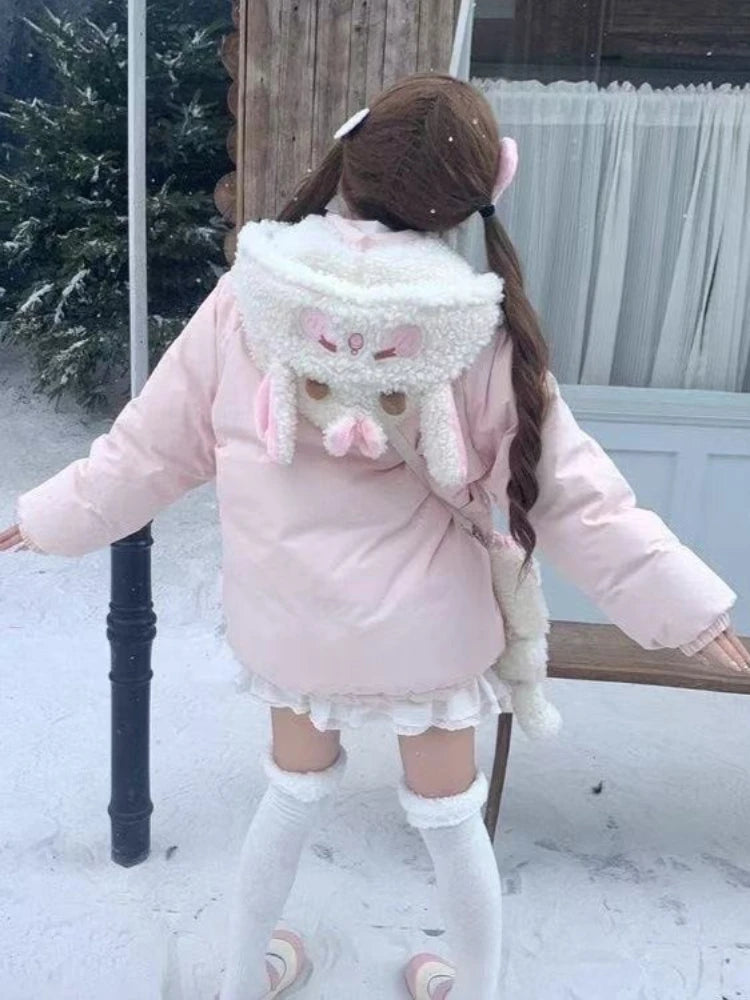 Cute Sweet Girl Little Lamb Hooded Cotton Jacket Women Warm Kawaii Light Pink Thickened Soft Coat Harajuku Casual Clothing 2025