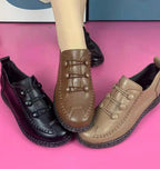 Womens Walking Shoe 2024 Red Spring Leather Shoes Mom Comfort Retro Stitching Flats Wedge Leather Sneakers