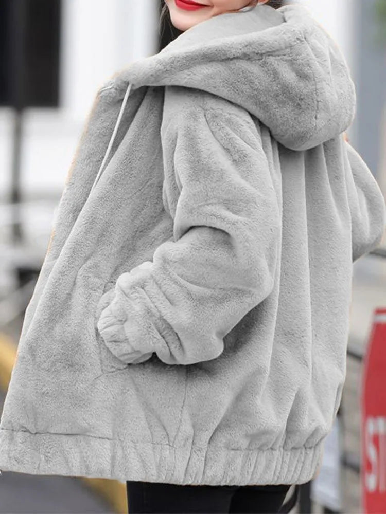 Plush hooded jacket for women mid-length winter new loose plush warm long sleeves plush Short jacket fashion casual coat