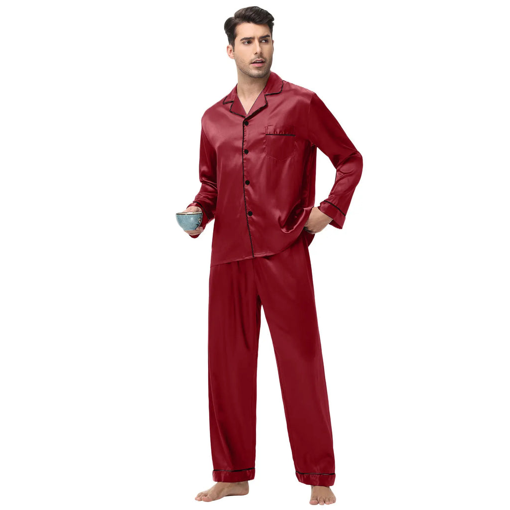 Men Pajamas Set Silk Satin Sleepwear