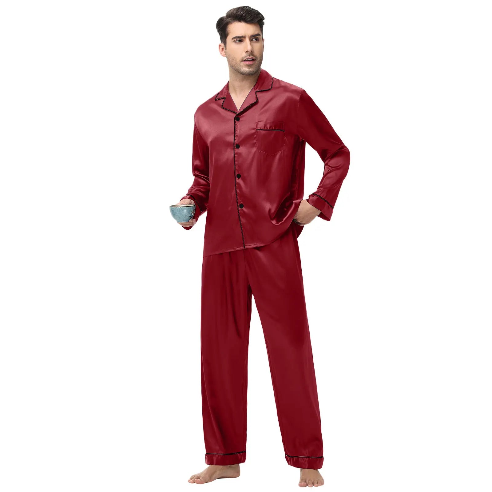 Men Pajamas Set Silk Satin Sleepwear