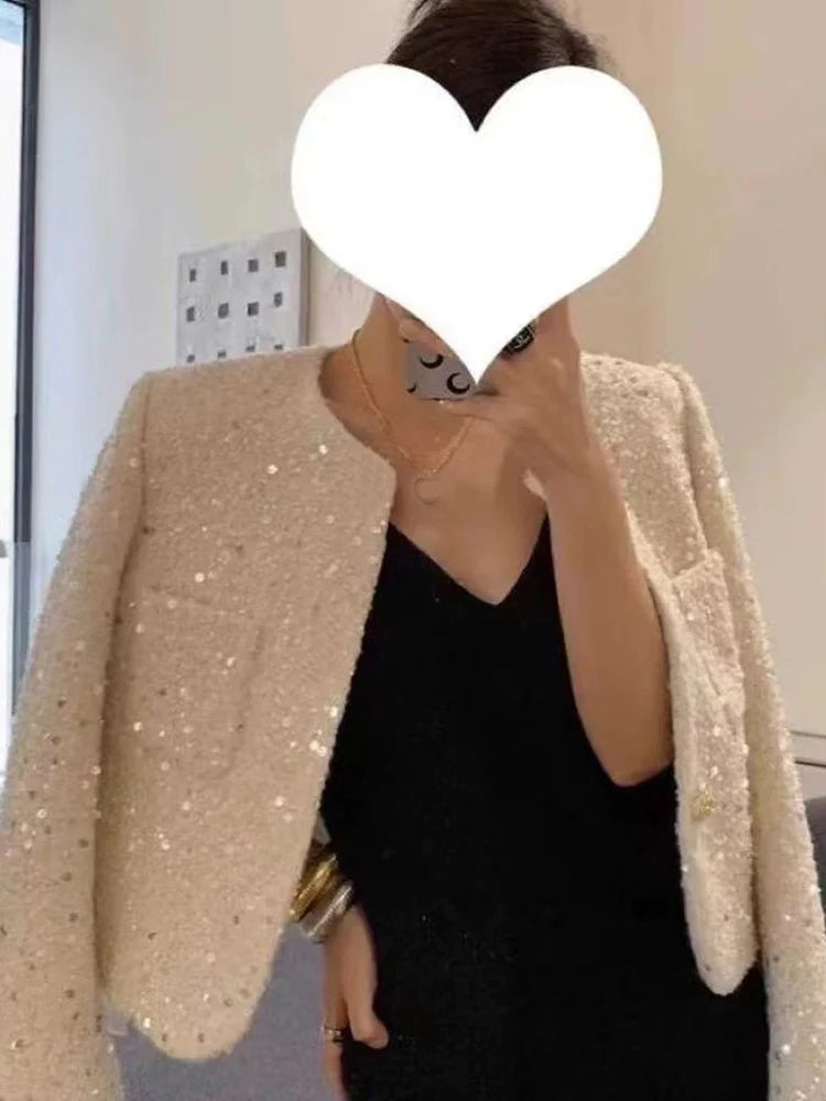 Chic Sequins Sweet Tweed Jacket Women Fall Elegant Long Sleeve Slim Coat Korean Fashion O Neck Design Female All Match New Tops