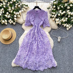 Ele Hollow out Lace ort Sve Dr Women's Summer Slimming A-Line Gown High Waist Korean Sle Commute Suitable