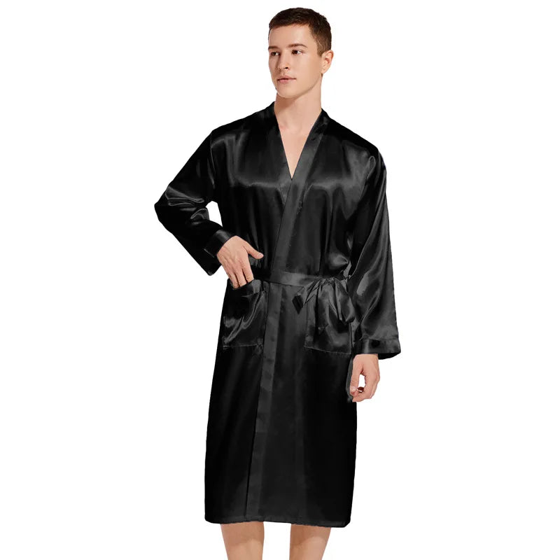 Men Long Bathrobe Sleepwear Navy Blue Silk Satin Bridegroom Wedding Robe Kimono Gown Spring Summer Home Clothes Loungewear