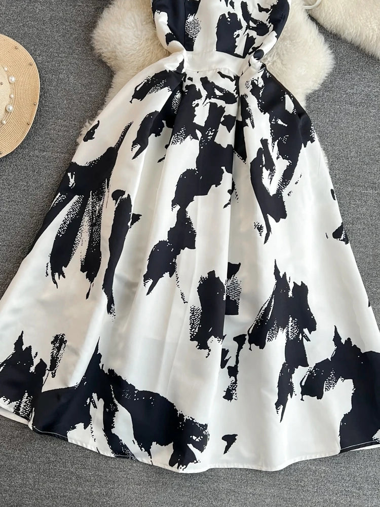 Faionable Ele Vest Long Dr High Waist Slim A-Line Print Maxi Skirt round Ne Svel Women's Summer Dr