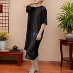 Men's Solid Color Mesh Transparent Short-Sleeved Robe Sexy Retro Fashion Trend Loose Casual Breathable Summer New Men's Tops