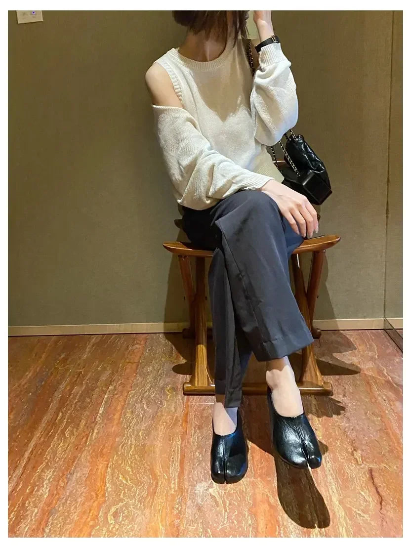 2025 Women Slip on Casual Loafers Chunky Heel Shoe Soft Moccasins Footwear New Fashion Split Toe Shoes Zapatos De Mujer