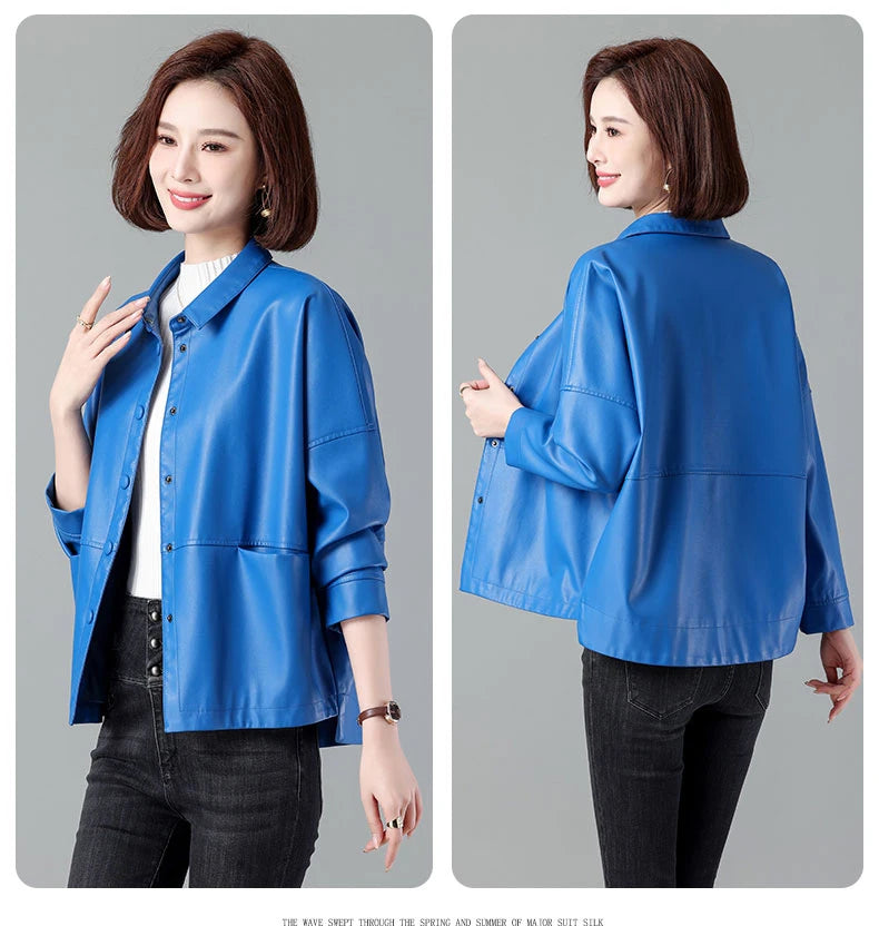 New Women Casual Loose Leather Jacket Spring Autumn Fashion Turn-down Collar Single Breasted Short Leather Motorbike Jacket