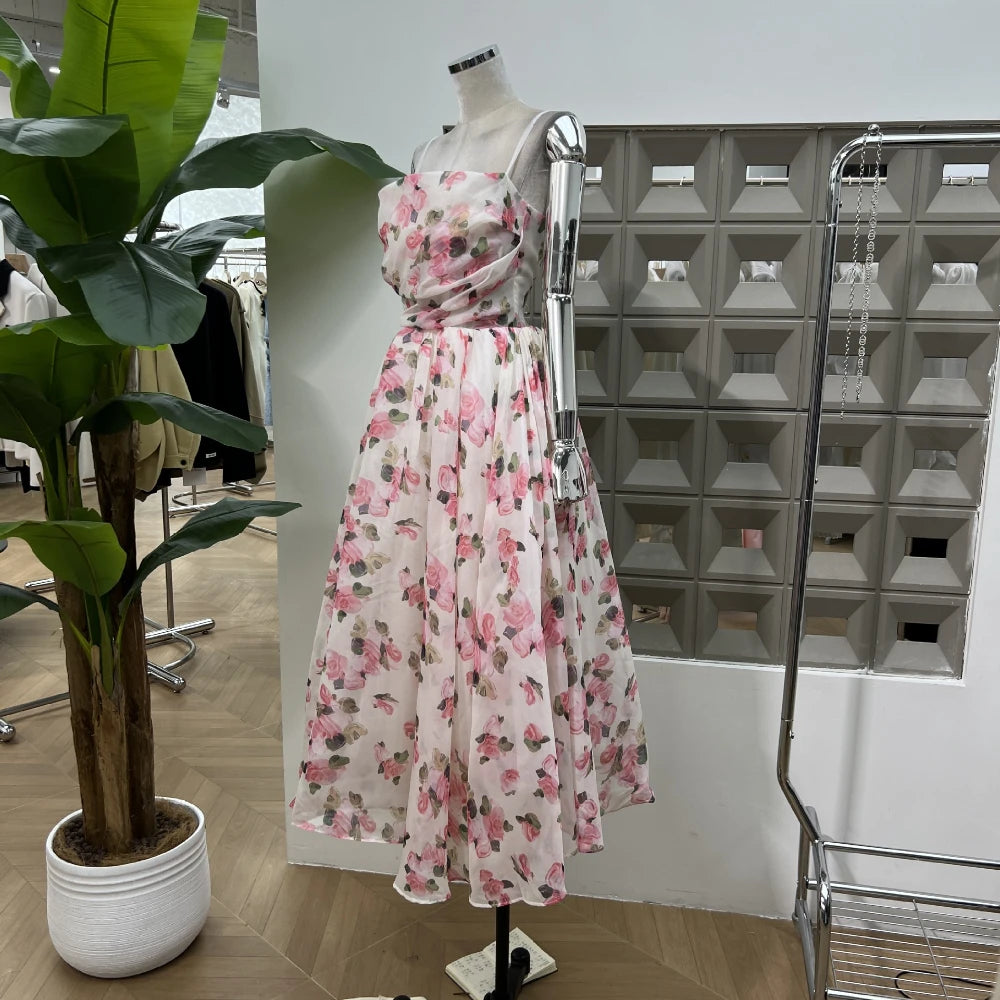 Summer New Women Retro Printed A-line Strap Dress With High Waist Wrinkled Long Dresses Beach Party Birthday Celebrity Gown