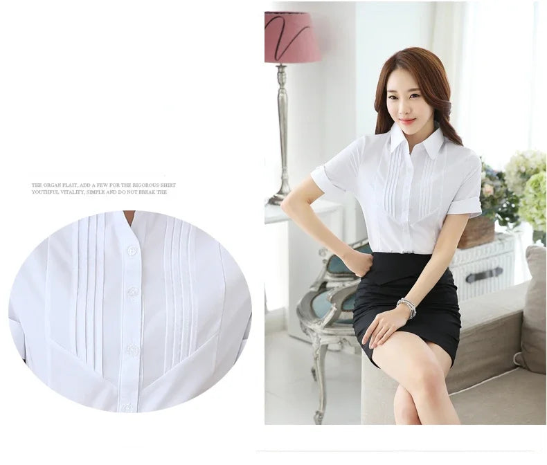 White Shirt Women Short Sleeve Blouse                                                                                             Working Clothes 2024 Summer Sweet Womens Tops Button Up Shirts OL Elegant Female Clothing