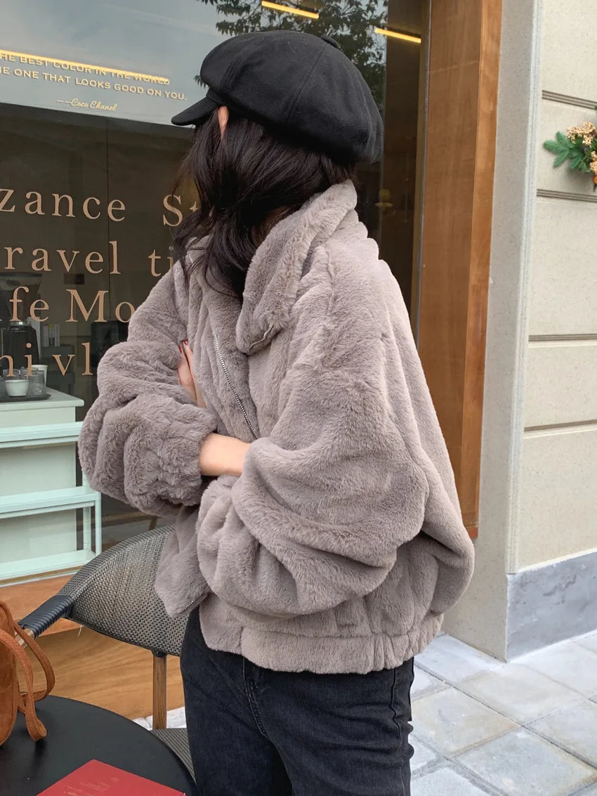 Women Autumn Winter Thicken Warm Coat Stand-Collar Loose Fur Plush Zipper Jacket Soft Comfortable Casual Simple Solid Outerwear